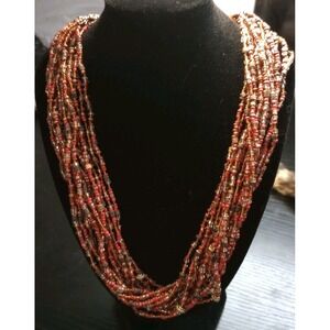 Vtg 18" Multi Strand Seed Bead Torsade Necklace Red Amber Glass Beads Boho...